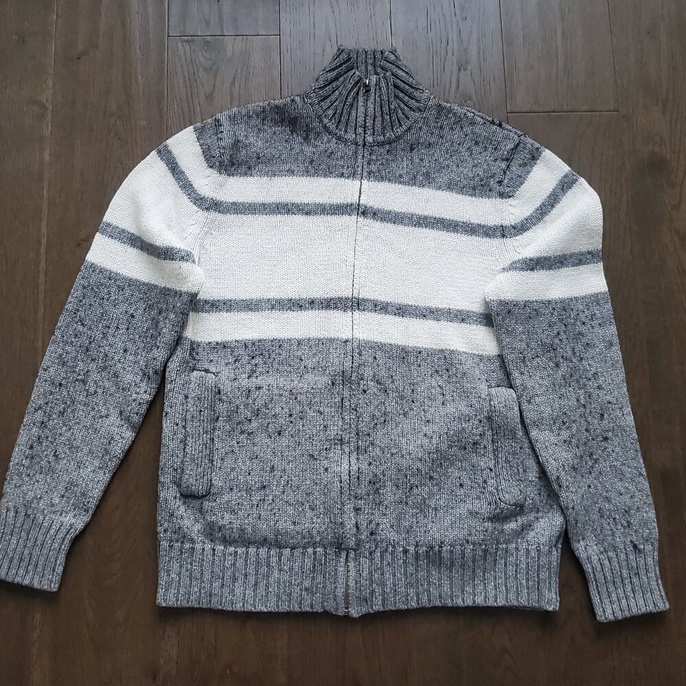 Unisex Wool Cabin Sweater Heathered Grey White Zip Up High Neck Pockets